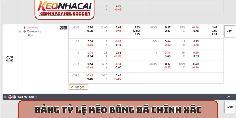 Bảng tỷ lệ kèo bóng đá chính xác