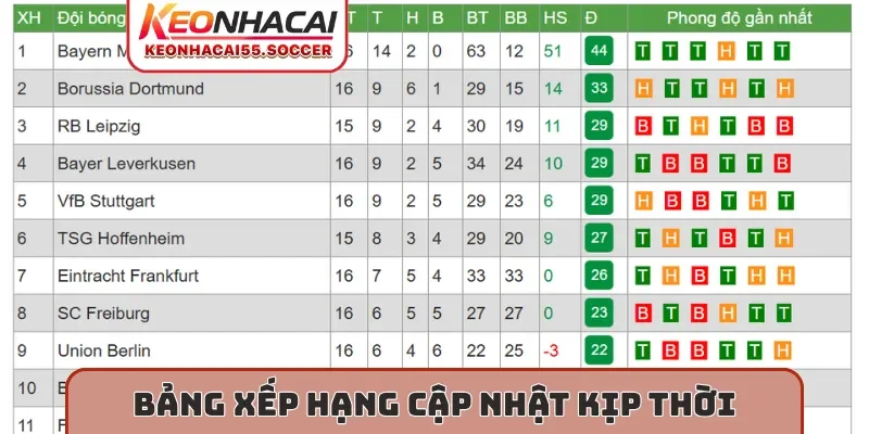 Bảng xếp hạng cập nhật kịp thời