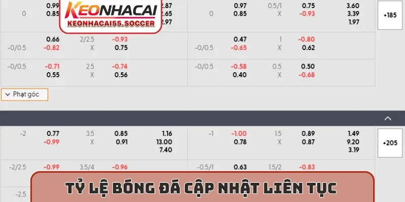 Tỷ lệ bóng đá cập nhật liên tục