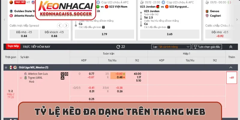 Tỷ lệ kèo đa dạng trên trang web